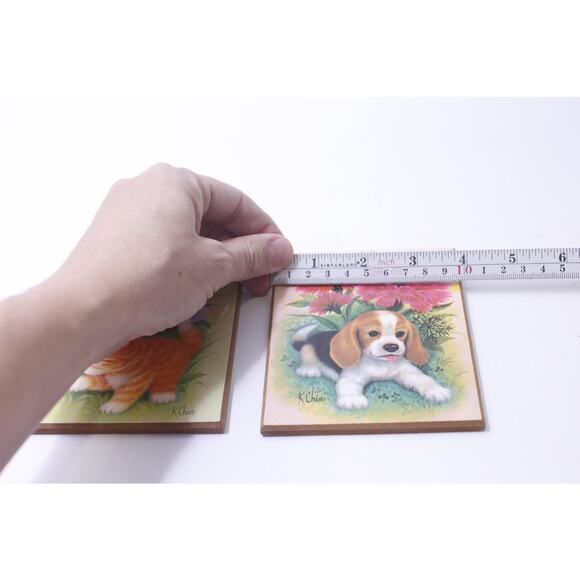 Red Kitten and Beagle Puppy, 1970s Wall Plaques, K Chin, Signed, Prints, Cute - Picture 2 of 3
